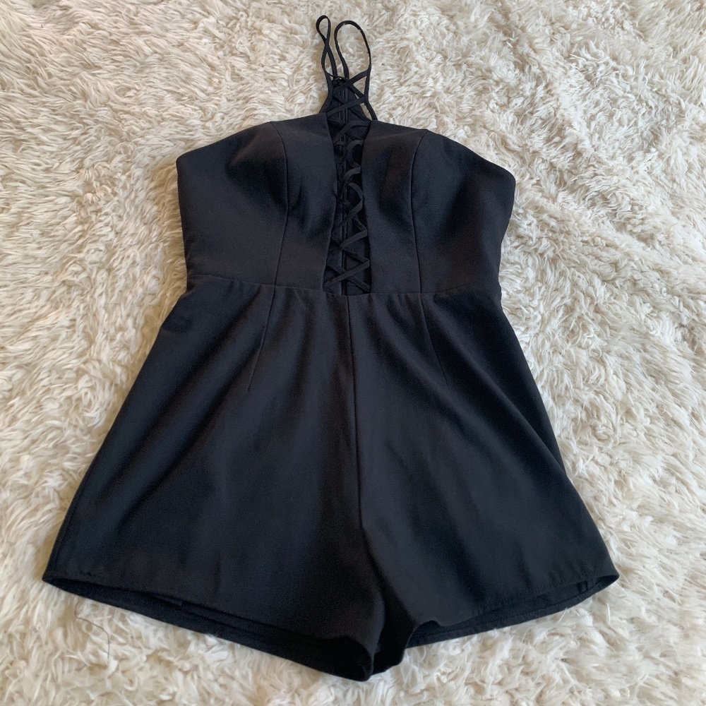 ❌SOLD❌ NBD x Revolve Black Lace Up Romper - Picture 1 of 4